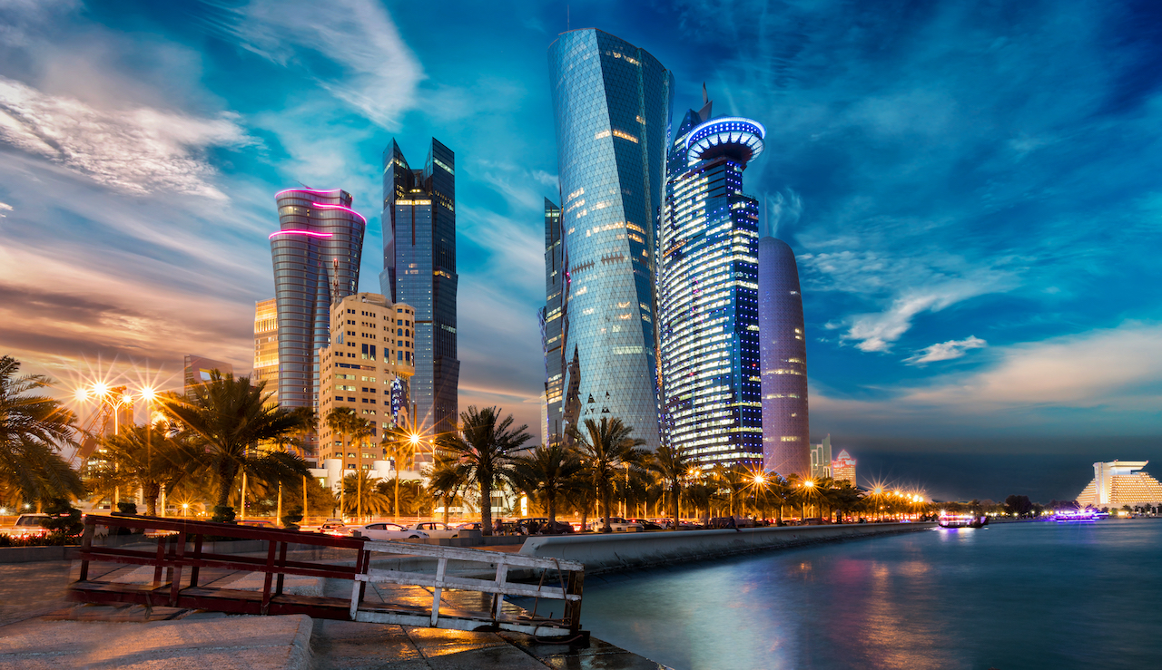 The skyline of Doha city center after sunset