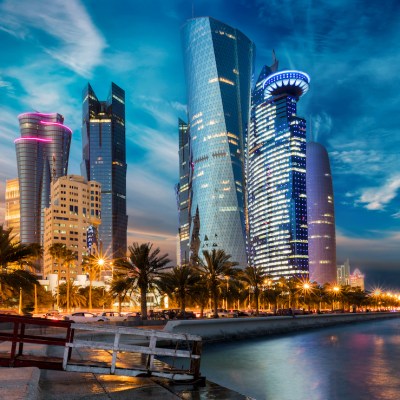 The skyline of Doha city center after sunset