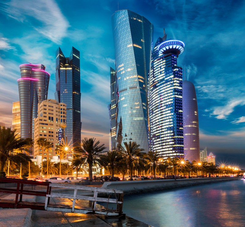 The skyline of Doha city center after sunset