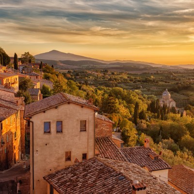 Landscape of Tuscany as seen from the walls of Montepulciano at sunset