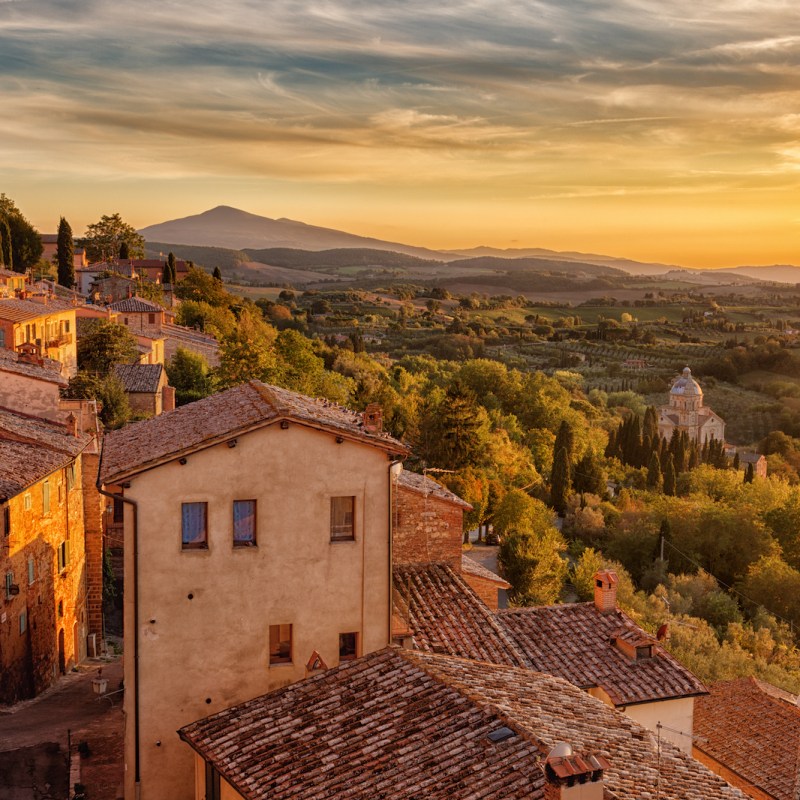 Landscape of Tuscany as seen from the walls of Montepulciano at sunset