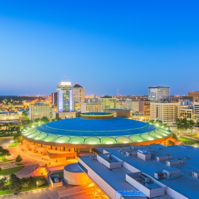 Wichita, Kansas, USA downtown skyline at dusk.