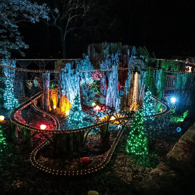 holiday lights with train tracks at Cheekwood