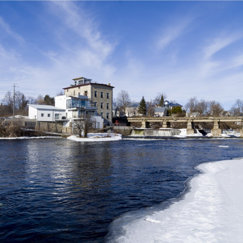 Waterfalls, ice, and snow on the Mississippi River in Almonte, Ontario, Canada