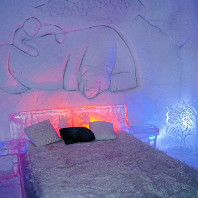 A bed at the Hotel de Glace, an ice hotel near Quebec City.