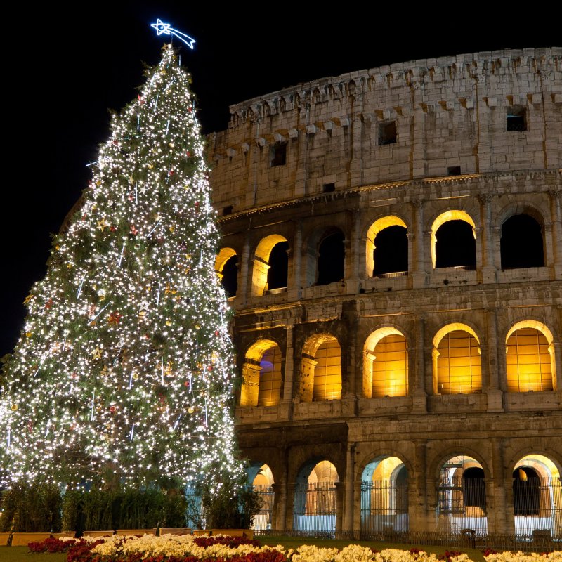 A Christmas tree at the Colosseum in Rome, Italy.
