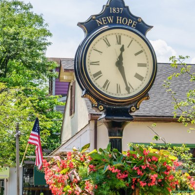 A clock in the quaint town of New Hope, Pennsylvania.