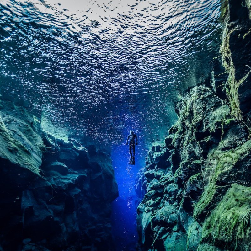 A diver near the Silfra fissure, Iceland.