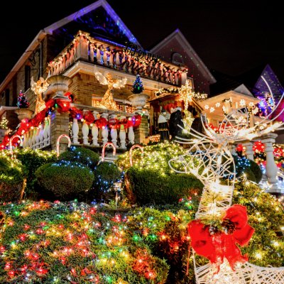 A house decorated with extravagant Christmas lights in Dyker Heights.