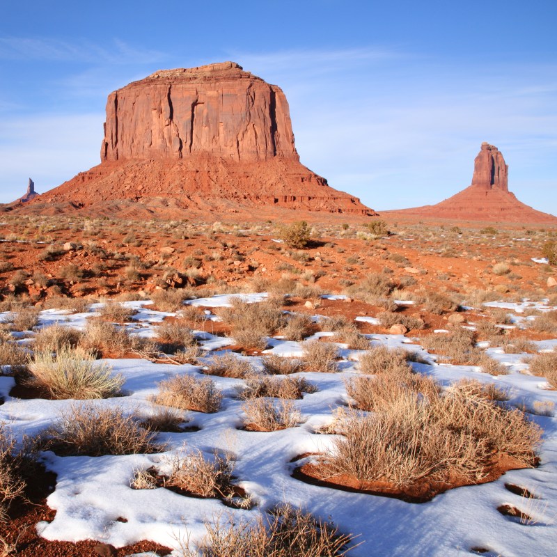 A rare snowfall during winter at Monument Valley in Arizona.