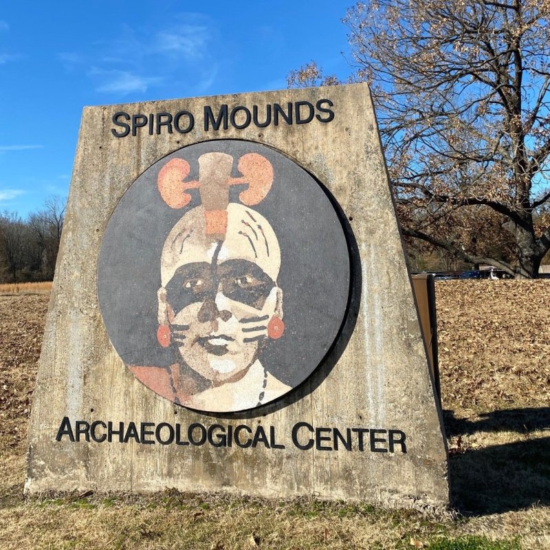 A sign for Spiro Mounds Archaeological Center.
