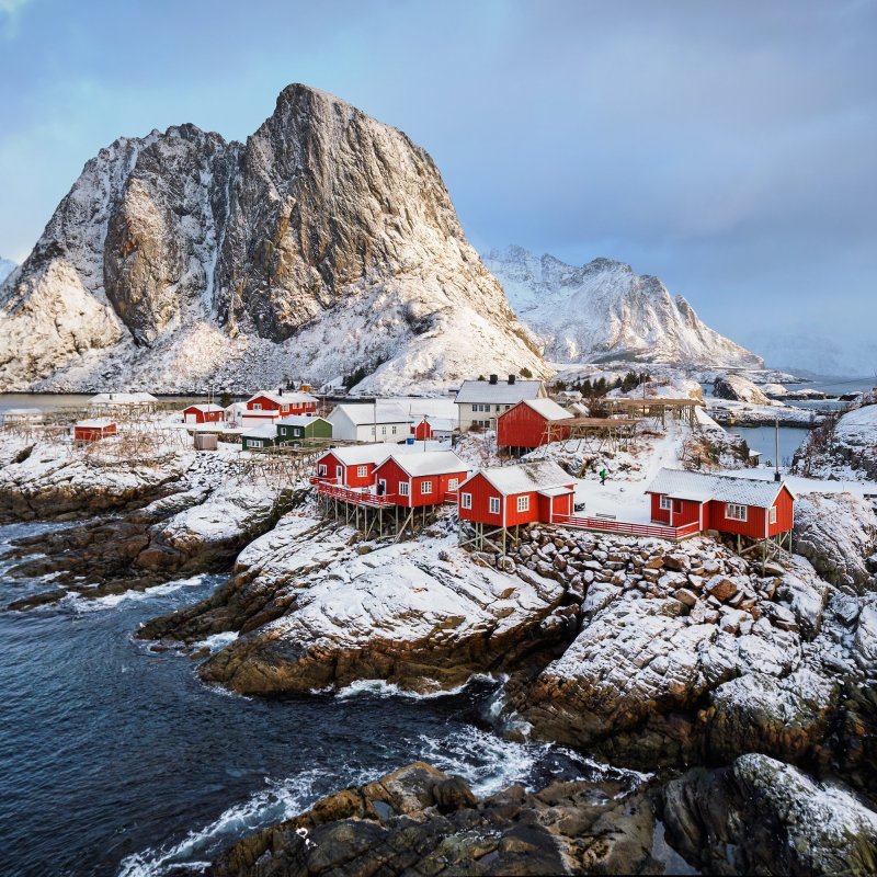 A snowy day in Norway's Lofoten Islands.