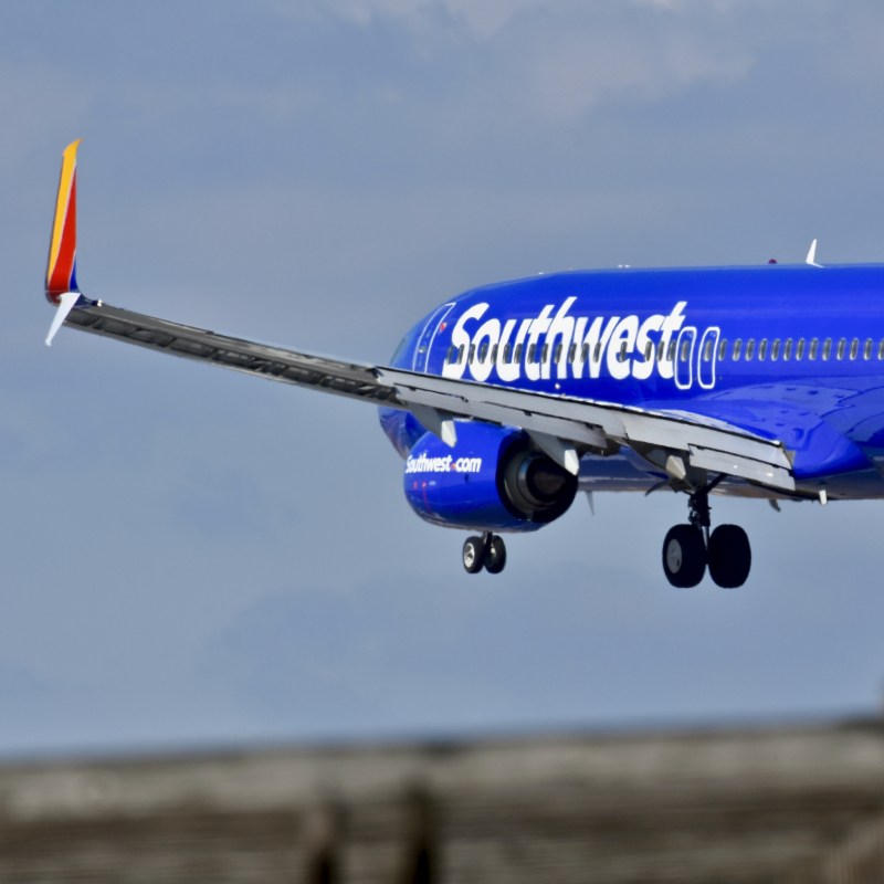 A Southwest Airlines plane landing.
