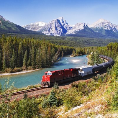 A train passing through the Canadian Rockies.