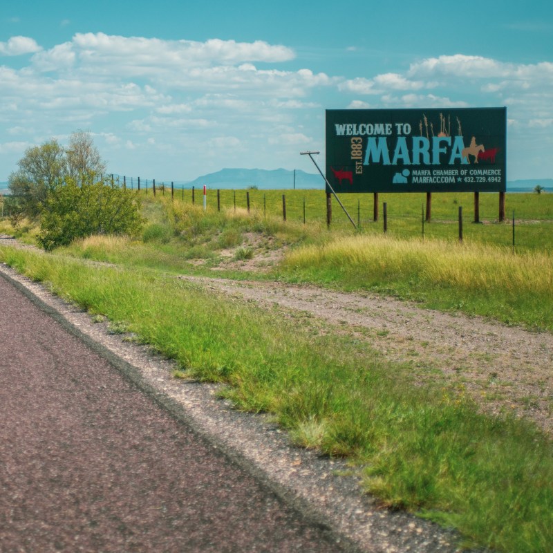 A welcome sign in Marfa, Texas.