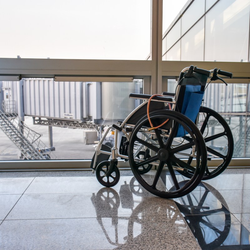 A wheelchair at an airport.