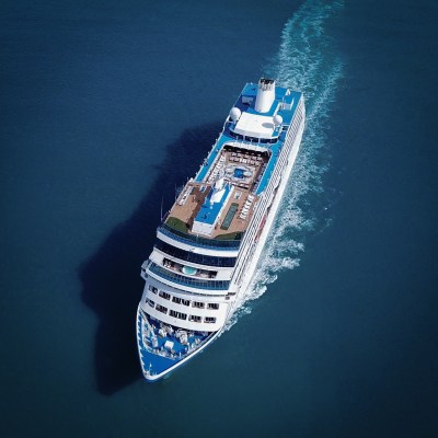 Aerial view of a cruise ship at sea.