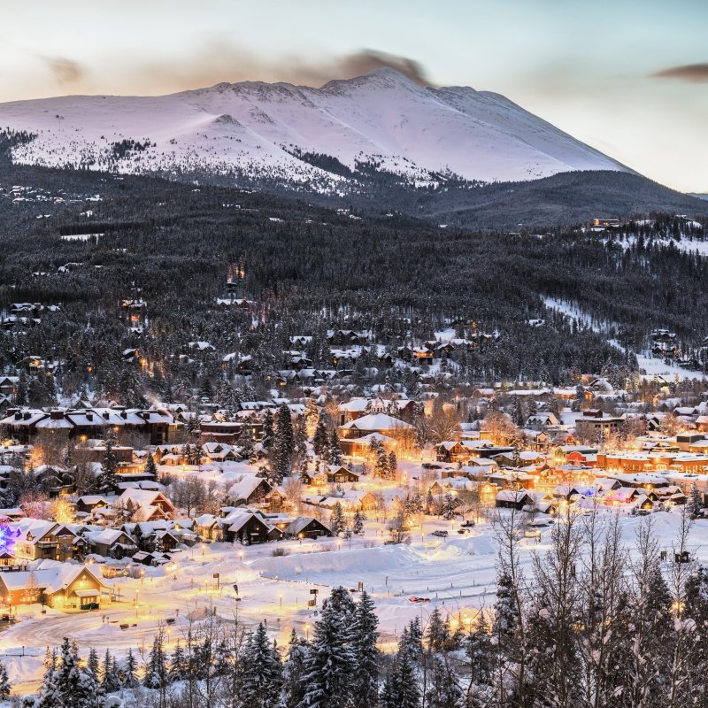 Aerial view of Breckenridge, Colorado, during winter.