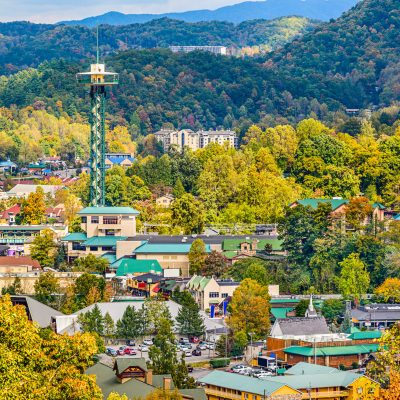 Aerial view of downtown Gatlinburg, Tennessee.