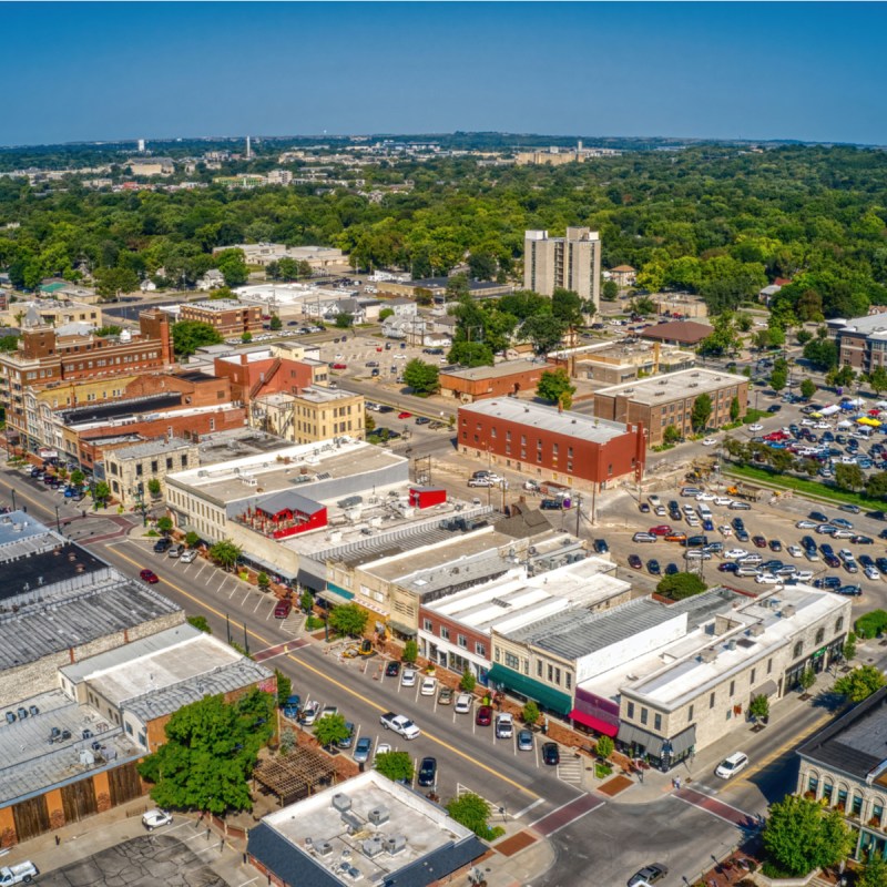 Aerial view of downtown Manhattan, Kansas.