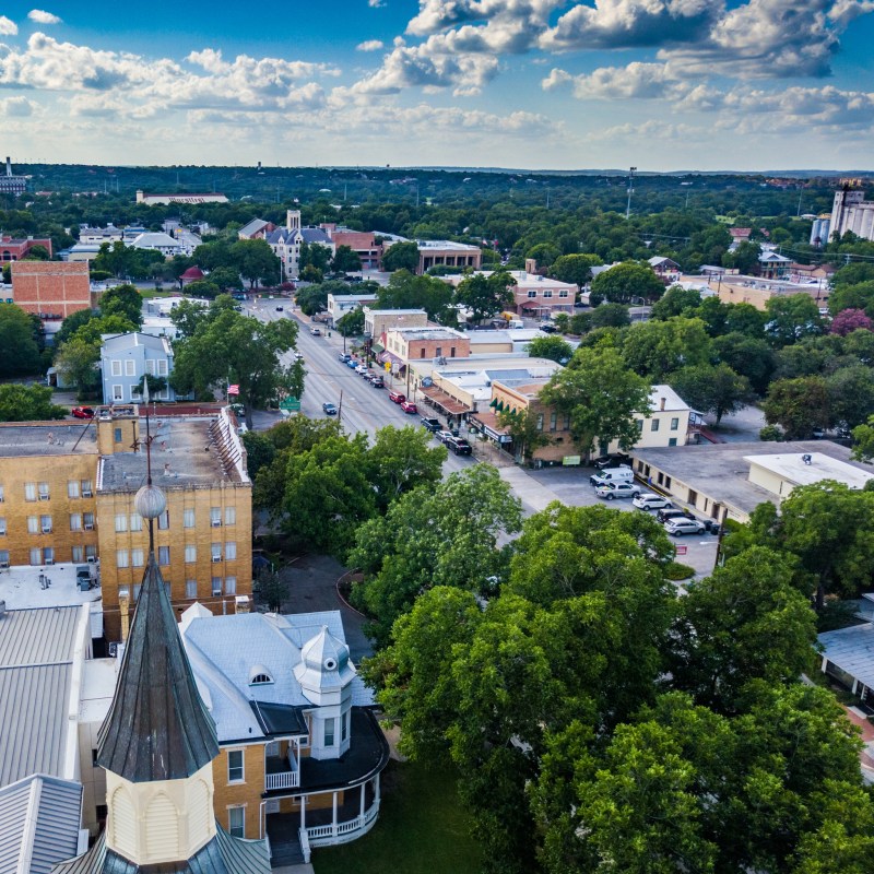 Aerial view of downtown New Braunfels, Texas.