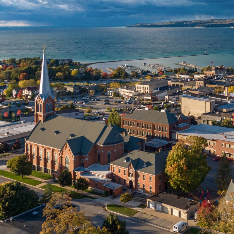 Aerial view of downtown Petoskey, Michigan.