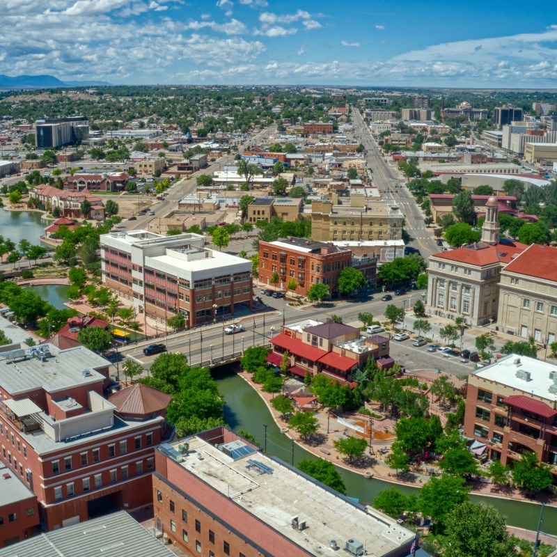 Aerial view of downtown Pueblo, Colorado.