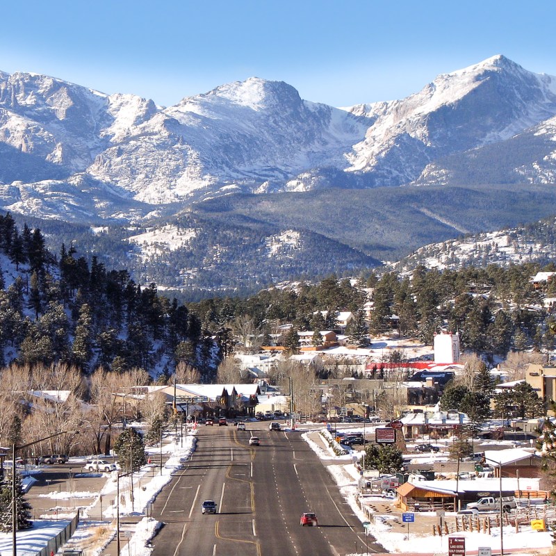 Aerial view of Estes Park, Colorado, during winter.