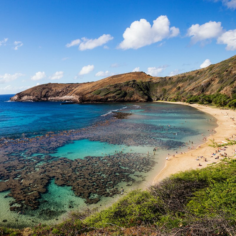 Aerial view of Hanauma Bay in Hawaii.