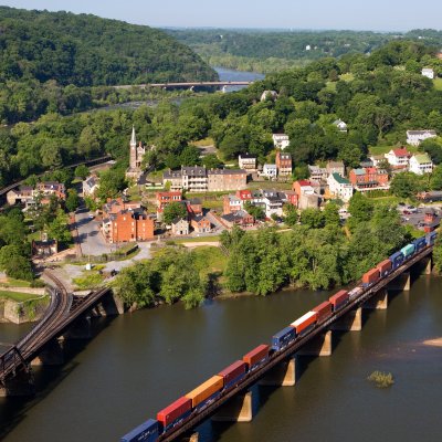 Aerial view of Harpers Ferry, West Virginia.