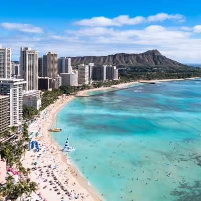 Aerial view of Honolulu and Diamond Head on the island of Oahu.