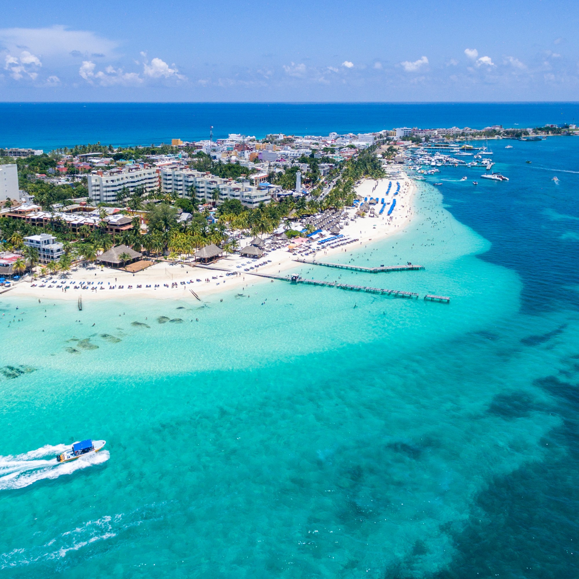 Aerial view of Isla Mujeres near Cancun, Mexico.