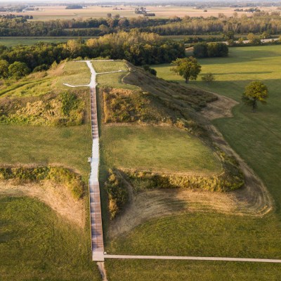 Aerial view of Monks Mound at Cahokia Mounds.