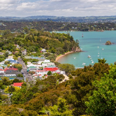 Aerial view of Russell, a quaint town in New Zealand.