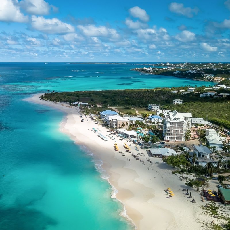 Aerial view of Shoal Bay Beach on the Caribbean island of Anguilla.