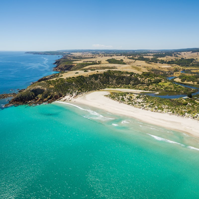 Aerial view of Snelling Beach on Kangaroo Island.