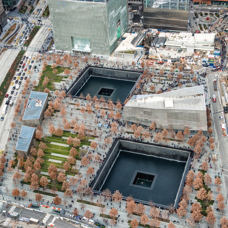 Aerial view of the 9/11 Memorial and Museum in New York City.
