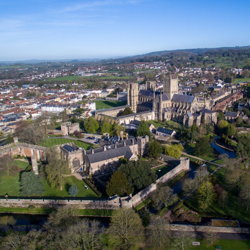 Aerial views of Wells, England.