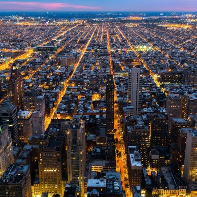 An aerial view of Philadelphia at night.