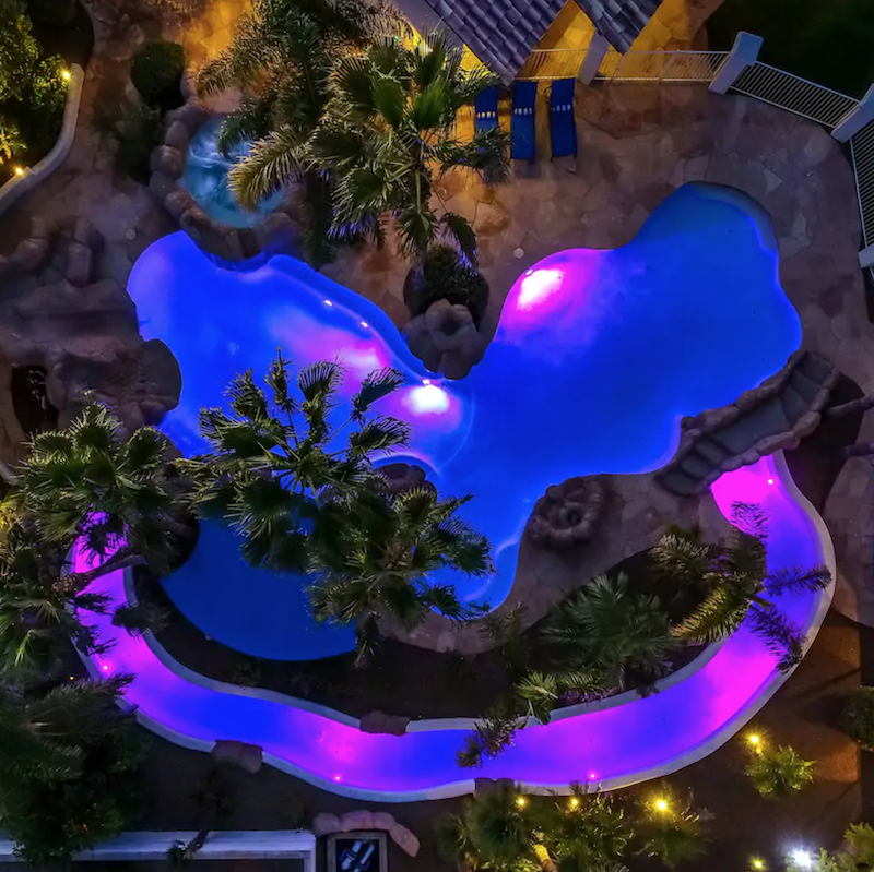 An aerial view of the pool at night.