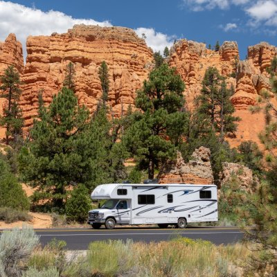 An RV on a road in Zion National Park.