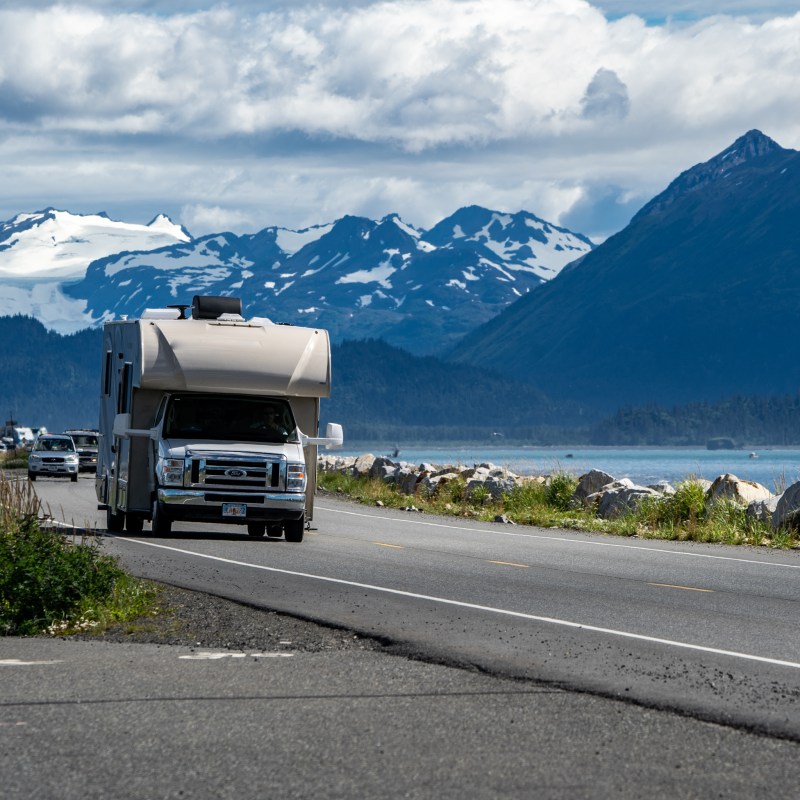 An RV on the road near Homer, Alaska.