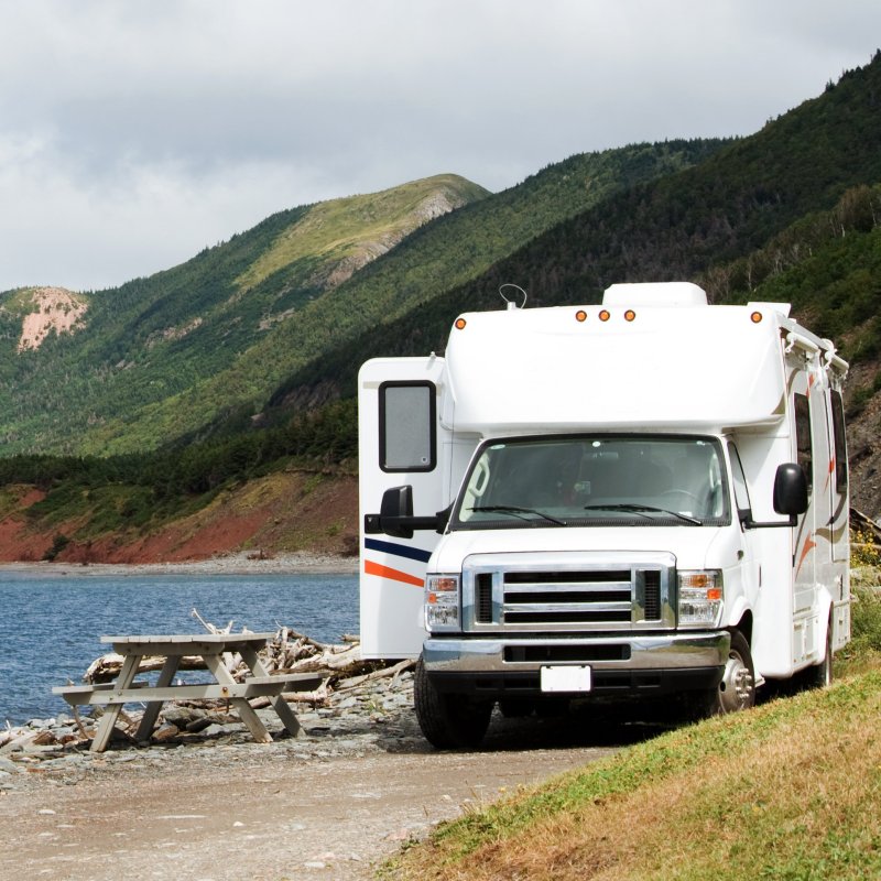 An RV parked in Cape Breton Highlands National Park.