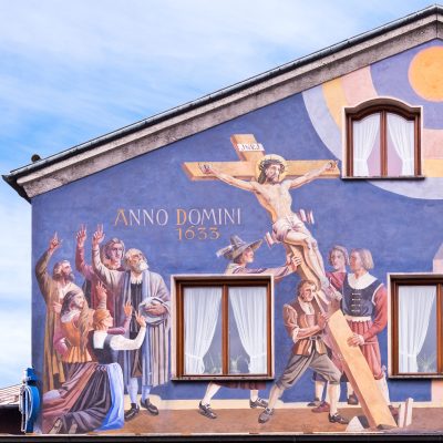 A house in Oberammergau, Germany, decorated with a scene from the Passion Play.