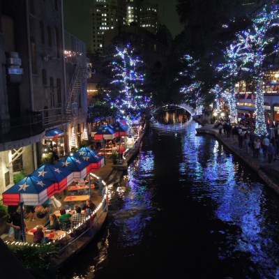 Christmas decorations along the San Antonio River Walk in Texas.