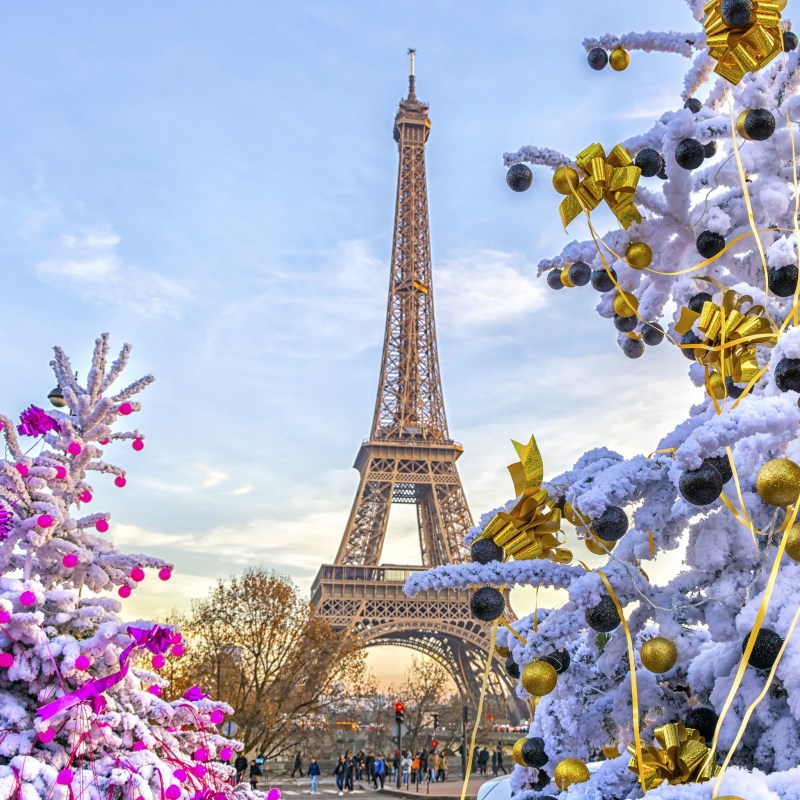 Christmas trees near the Eiffel Tower in Paris.