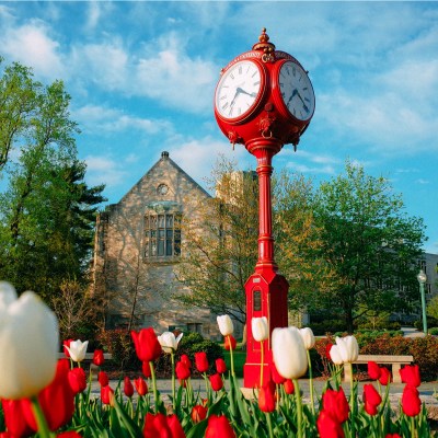 Clock and spring flowers of Indiana University in Bloomington.