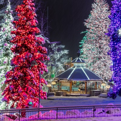 Holiday lights and snow in Leavenworth, Washington.