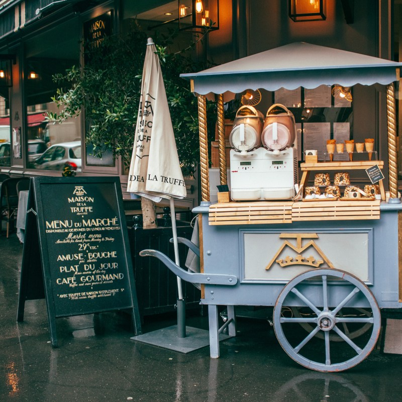 Ice cream vendor cart in Paris, France.