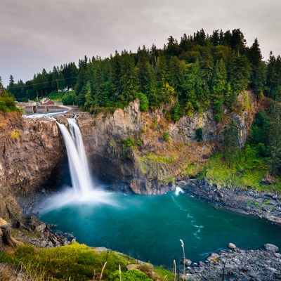 Landscape of Snoqualmie Falls in Washington State.